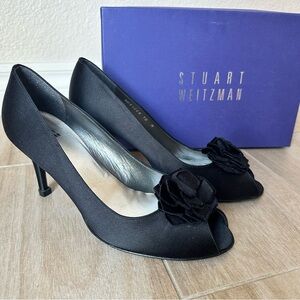 Stuart Weitzman 10 M Black Satin Rosette Open Toe Pumps Peep Toe Heels